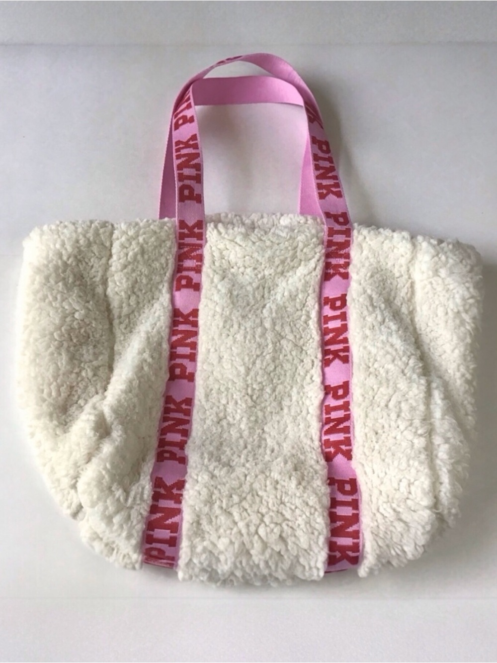 Victorias Secret PINK Sherpa Tote Bag Winter White Fuzzy Fleece Pink Logo Straps